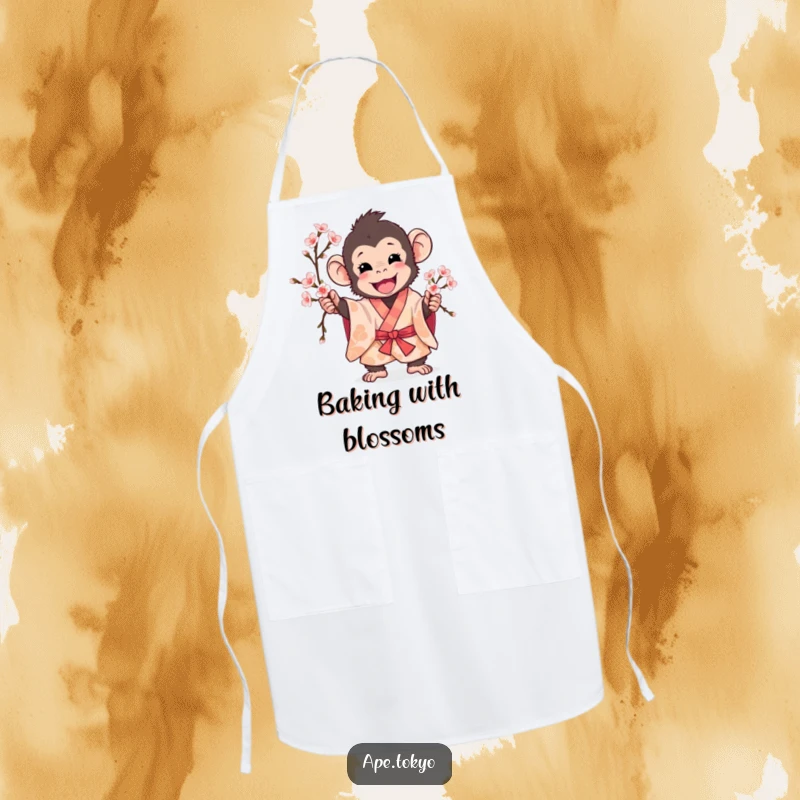 Funny ape in patterned kimono excitedly holding cherry blossom branch, kitchen apron, floral fun.