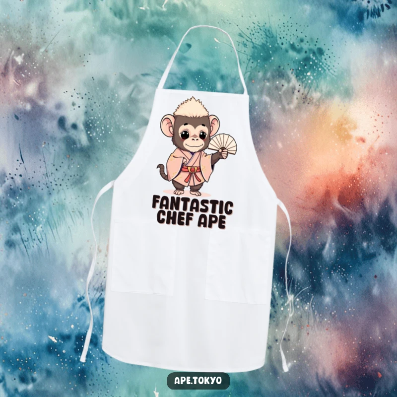 Funny ape in an elegant ceremonial kimono holding a fan, making this a charming and humorous apron, perfect for a funny gift.