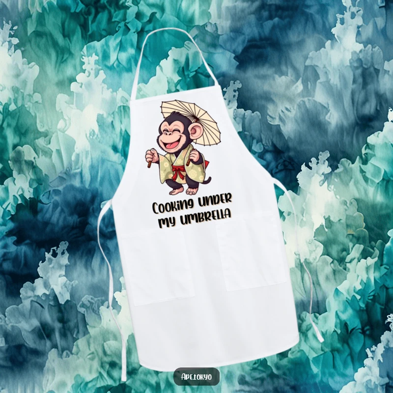 Funny Chimp Parasol Twirl Apron: Giggling chimpanzee in a colorful kimono, playfully twirling a parasol, adding hilarious flair to cooking.