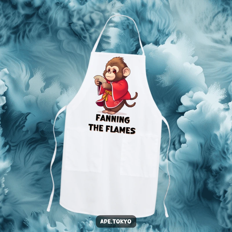 Funny round fluffy ape in a red kimono performing fan dance, cooking apron, entertaining kitchenware.