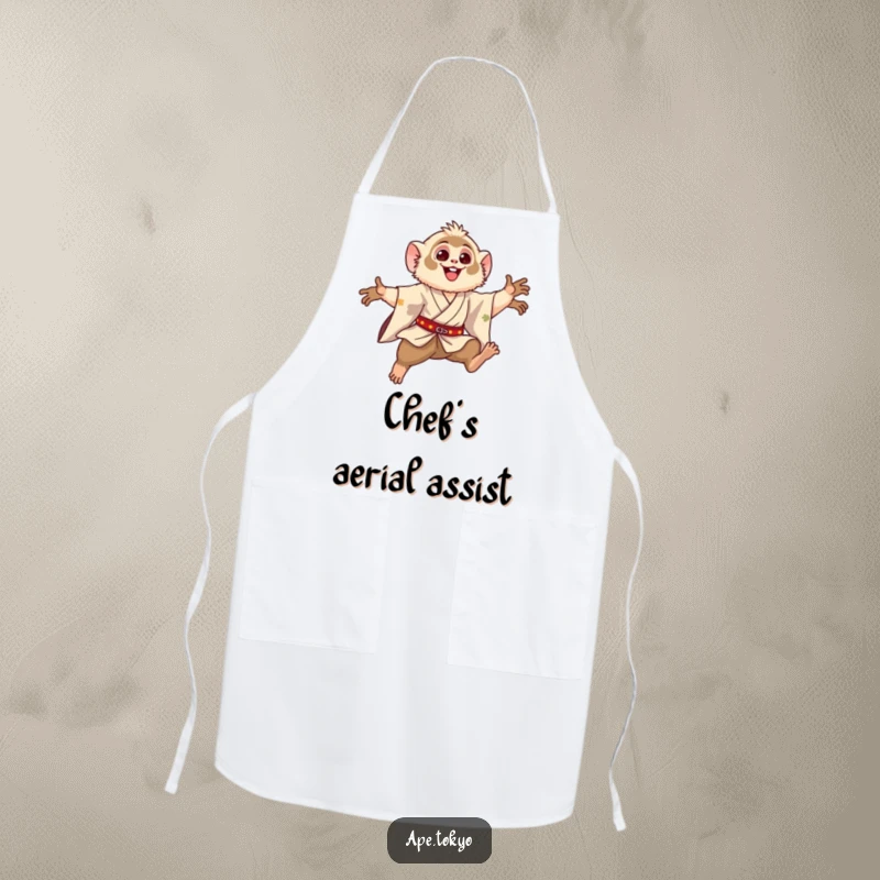 Funny Gibbon Leaping Motion Apron: Happy gibbon in a silk kimono, performing a graceful leaping motion, adding hilarious flair to cooking.
