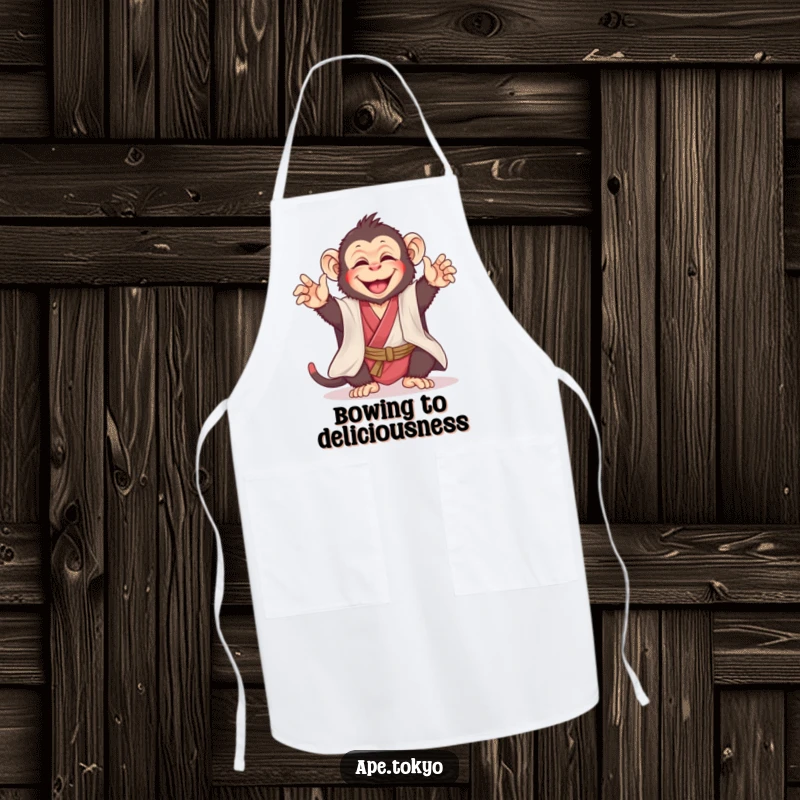 Funny ape in a silk kimono bowing playfully, making this a cheerful and humorous apron, perfect for a funny gift.