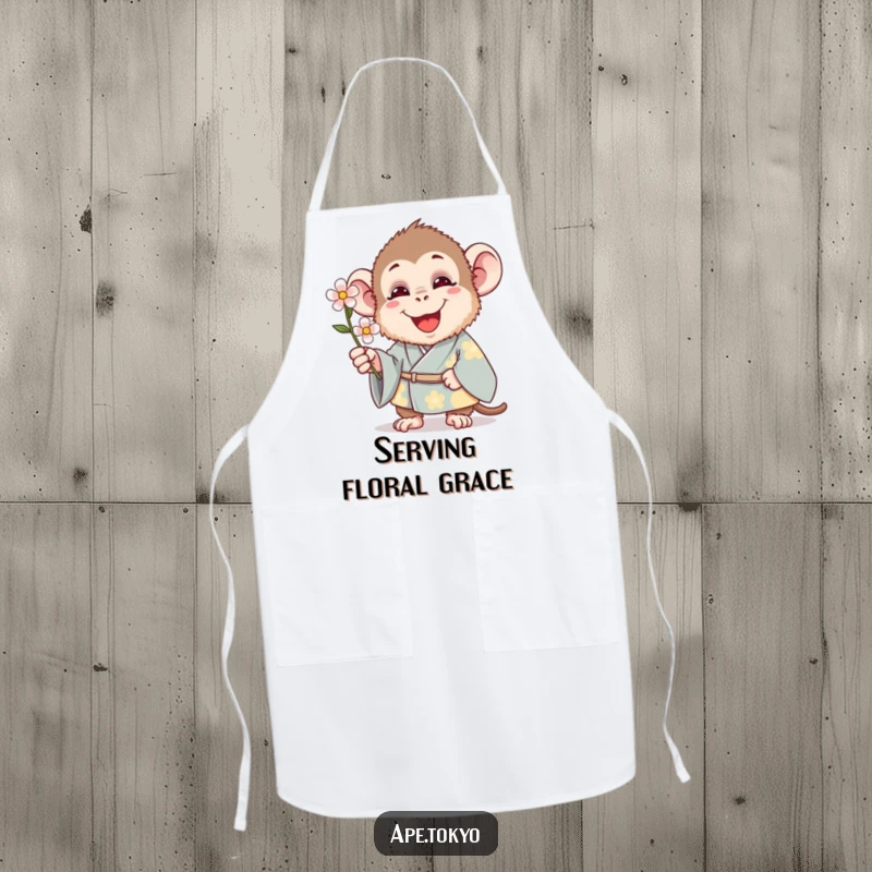 Funny Apron: A happy ape wearing a kimono artfully offers a single flower while ready to cook up a storm.