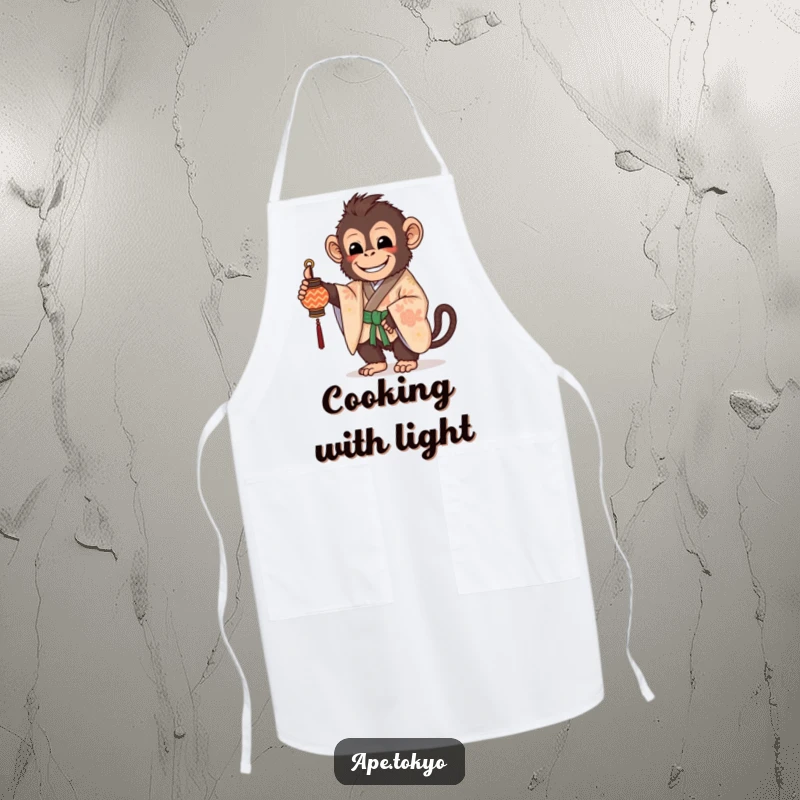 Funny Apron: A beaming ape in a patterned kimono holds a small, decorated lantern while cooking.