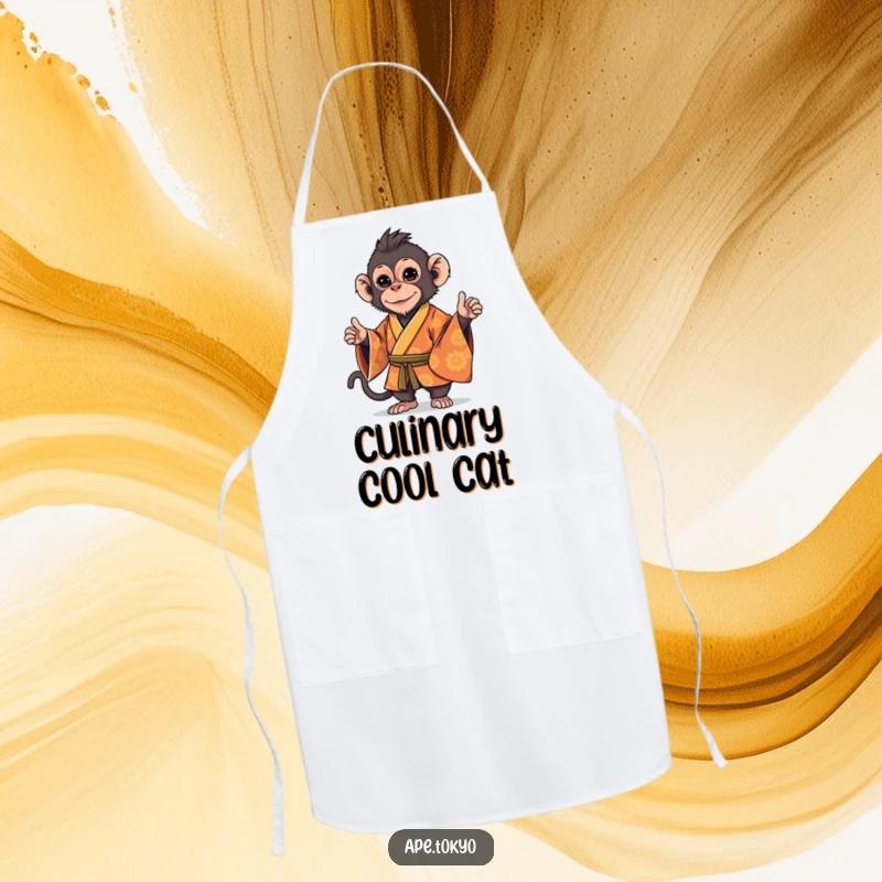 Funny Macaque Kimono Stance Apron: Playful macaque in an ornate kimono, striking a stylish, confident stance, adding humorous sophistication to cooking.