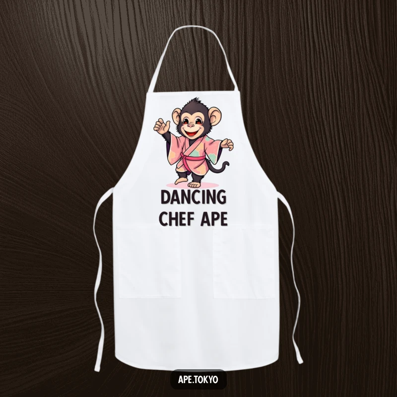 Funny ape in a vibrant kimono dancing gently, making this a cheerful and humorous apron, perfect for a funny gift.
