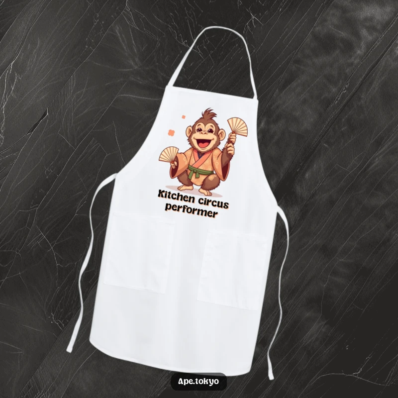 Funny Orangutan Juggling Fans Apron: Cheerful primate in a patterned kimono, playfully juggling fans, adding hilarious flair to cooking.
