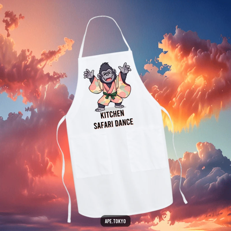 Funny Gorilla Kimono Dance Apron: A joyful primate in a vibrant kimono, striking a dynamic dance pose, adding hilarious flair to cooking.