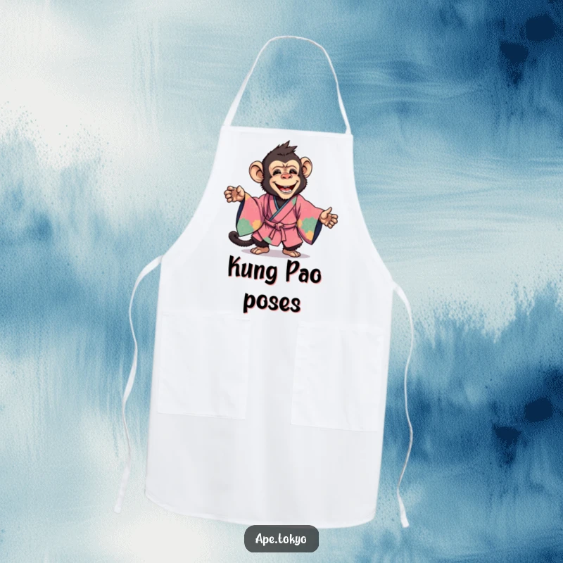 Funny Apron: A joyful ape in a vibrant kimono strikes a dynamic pose, ready to cook up a storm.