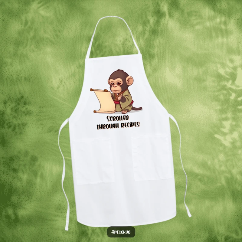 Funny ape in a patterned kimono examining a scroll, making this a humorous and intellectual apron, perfect for a funny gift.