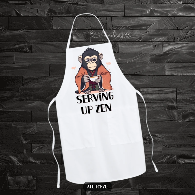 Funny majestic ape in formal kimono offering tea cup serenely, kitchen apron, elegant cooking.