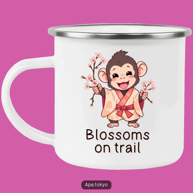 Funny Playful Ape Cherry Blossom Camping Mug: Adventure Blooms