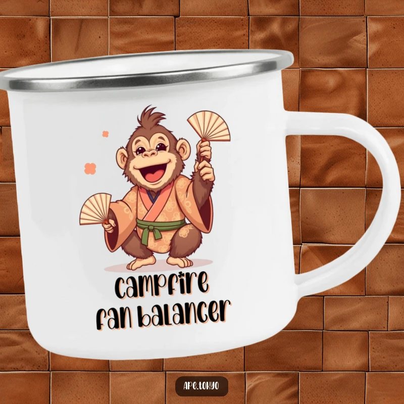 Funny Orangutan Juggling Fans Camping Mug: Cheerful primate in a patterned kimono, playfully juggling fans, for hilarious outdoor moments.