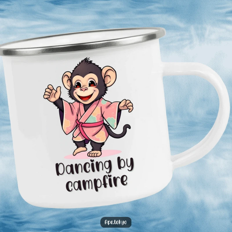 Funny ape in a vibrant kimono dancing gently, perfect for a humorous and cheerful camping mug, great funny gift.