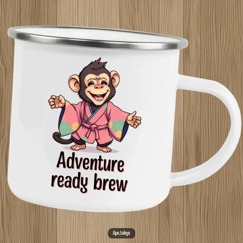 Funny Camping Mug: A joyful ape in a vibrant kimono strikes a dynamic pose, perfect for outdoor enjoyment.