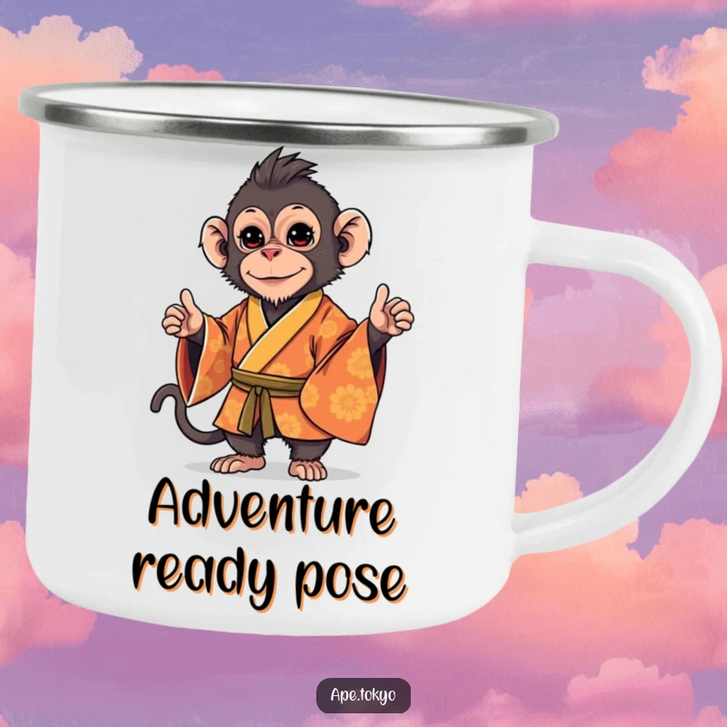 Funny Macaque Kimono Stance Camping Mug: Playful macaque in an ornate kimono, striking a stylish, confident stance, for humorous outdoor moments.