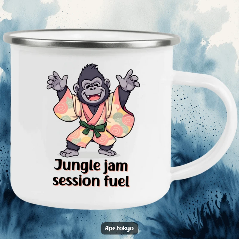 Funny Gorilla Kimono Dance Camping Mug: A joyful primate in a vibrant kimono, striking a dynamic dance pose, for hilarious campfire moments.