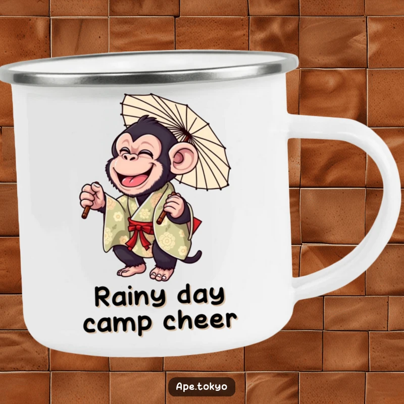 Funny Chimp Parasol Twirl Camping Mug: Giggling chimpanzee in a colorful kimono, playfully twirling a parasol, for hilarious campfire moments.