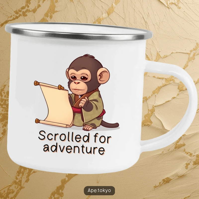 Funny ape in a patterned kimono examining a scroll, perfect for a humorous and intellectual camping mug, great funny gift.