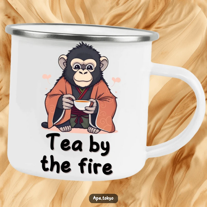 Funny majestic ape in formal kimono offering tea cup serenely, camping mug, outdoor calm.
