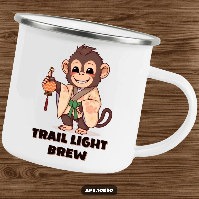 Funny Camping Mug: A beaming ape in a patterned kimono holds a small, decorated lantern, perfect for outdoor enjoyment.