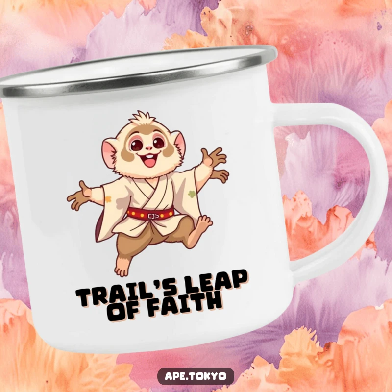 Funny Gibbon Leaping Motion Camping Mug: Happy gibbon in a silk kimono, performing a graceful leaping motion, for hilarious campfire moments.