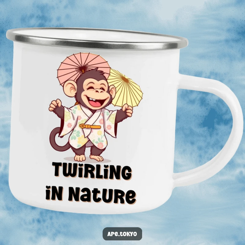 Funny jolly ape in festive kimono twirling parasol joyfully, camping mug, outdoor festivity.