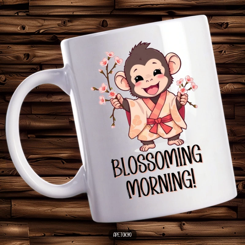 Funny ape in patterned kimono excitedly holding a cherry blossom branch on a mug, playful expression.