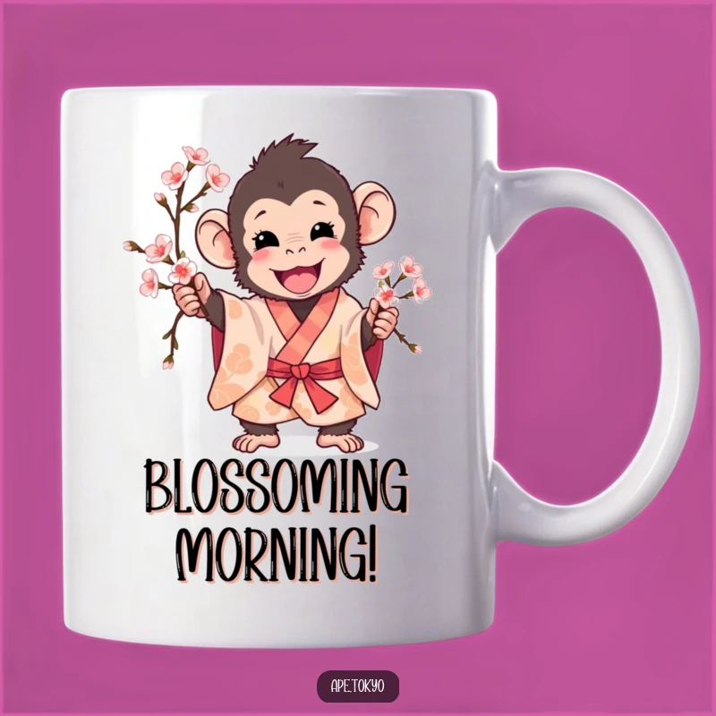 Funny Playful Ape Cherry Blossom Mug: Springtime Humor Gift