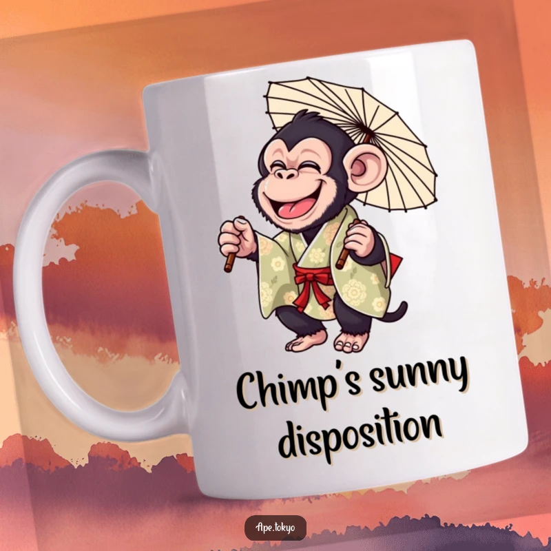 Funny Chimp Parasol Twirl Mug: A giggling chimpanzee in a colorful kimono, playfully twirling a parasol, bringing infectious humor to your coffee.