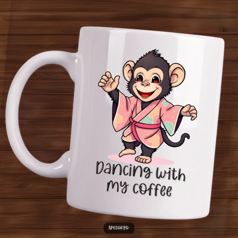 Funny, smiling ape in a vibrant kimono performing a gentle dance step with a cheerful expression, ideal for a humorous gift.