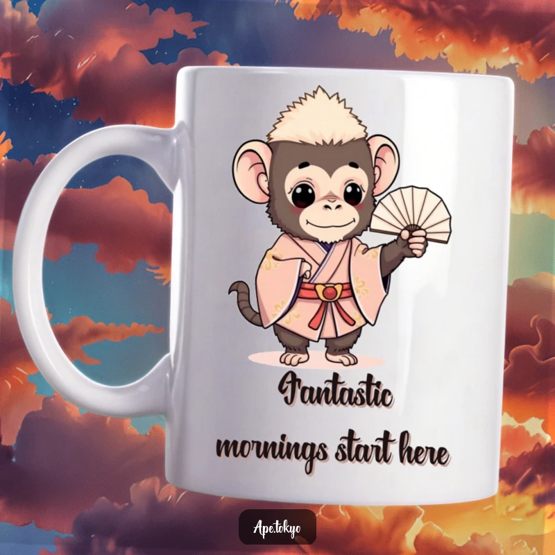 Funny ceremonial ape in a silk kimono gracefully holds a delicate fan, exuding charm and quiet amusement, perfect for a unique gift.