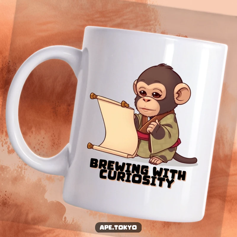 Funny, curious ape in a patterned kimono intently examining a long scroll, radiating inquisitive humor, perfect for a gift.