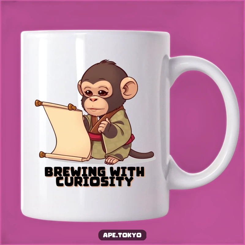 Funny Curious Ape Kimono Scroll Mug: Humorous Gift for Inquisitive Minds