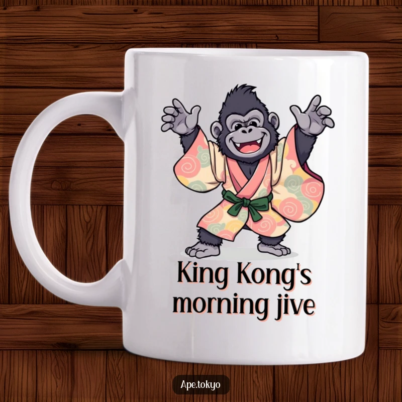 Funny Gorilla Kimono Mug: A joyful primate in a flowing kimono, striking a dynamic dance pose, bringing hilarious energy to your morning.
