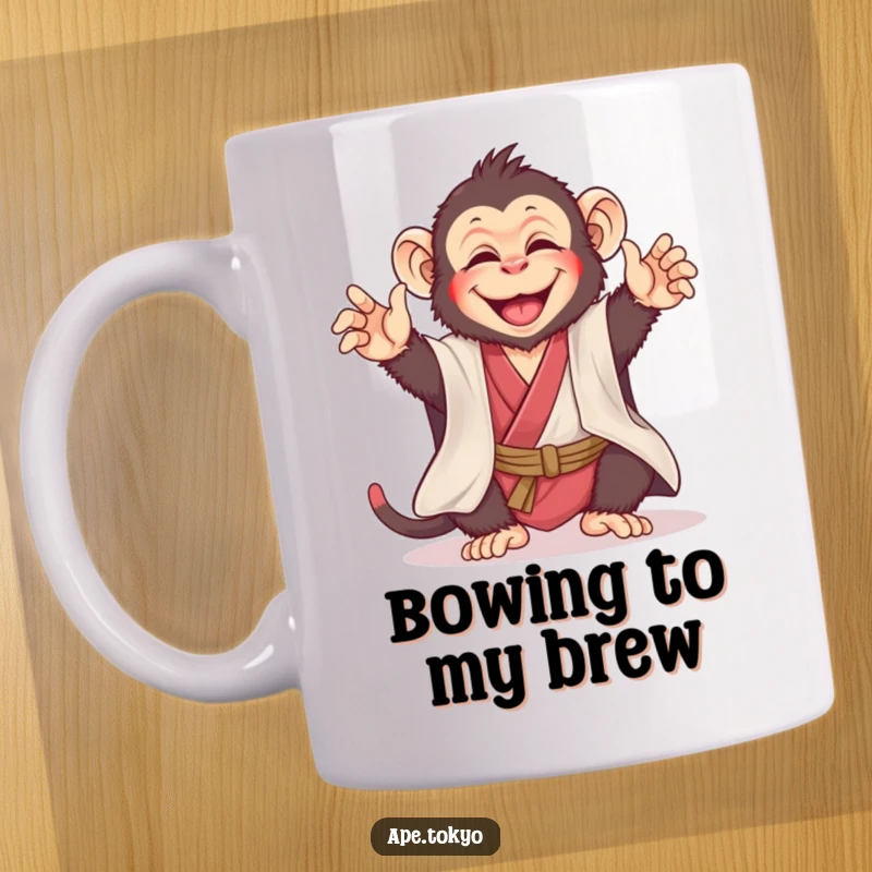 Funny, joyful ape in a silk kimono performing a playful bow with a cheerful expression, ideal for a humorous gift.