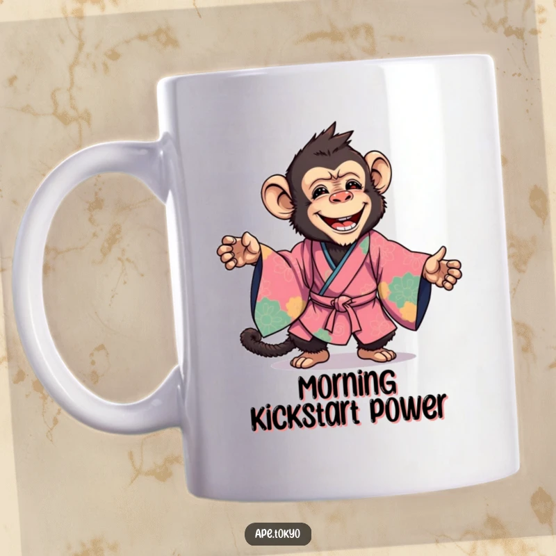 Funny Mug: A joyful ape in a vibrant, flowing kimono strikes a powerful and dynamic pose with enthusiasm.