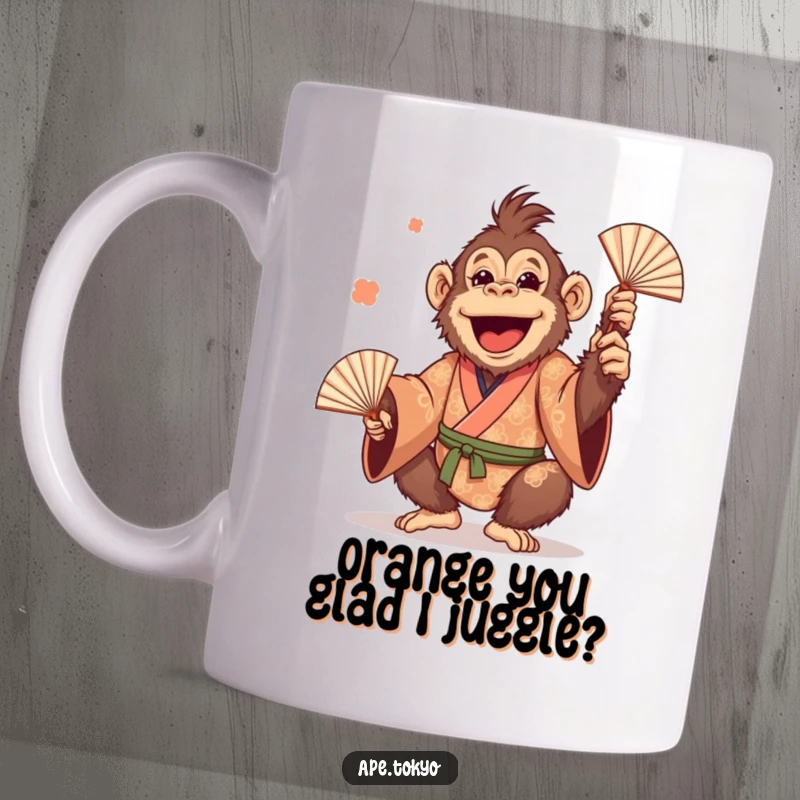 Funny Orangutan Juggling Fans Mug: A cheerful orangutan in a patterned kimono, playfully juggling fans, bringing infectious humor to your coffee.