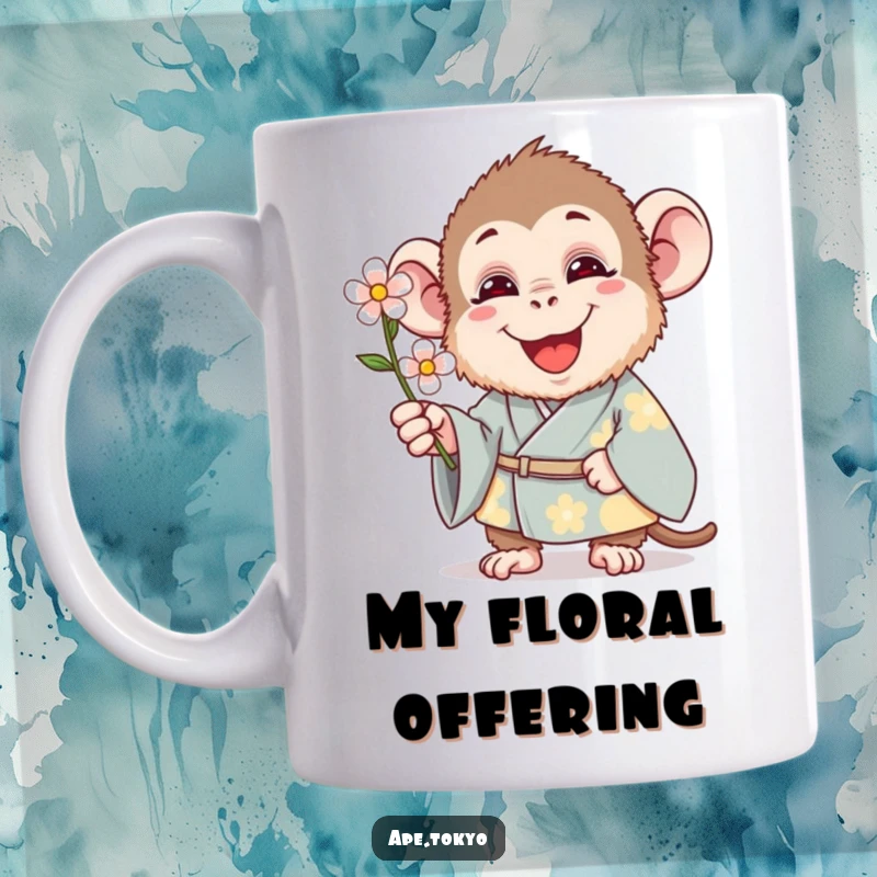 Funny Mug: A happy ape in a traditional kimono gracefully offers a single delicate flower with a smile.