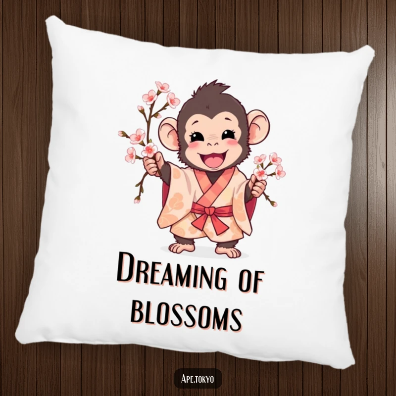 Funny ape in patterned kimono excitedly holding a cherry blossom branch, soft pillow, spring decor.