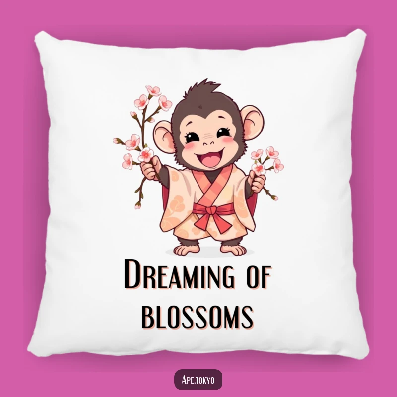 Funny Playful Ape Cherry Blossom Pillow: Snuggle with Spring Joy