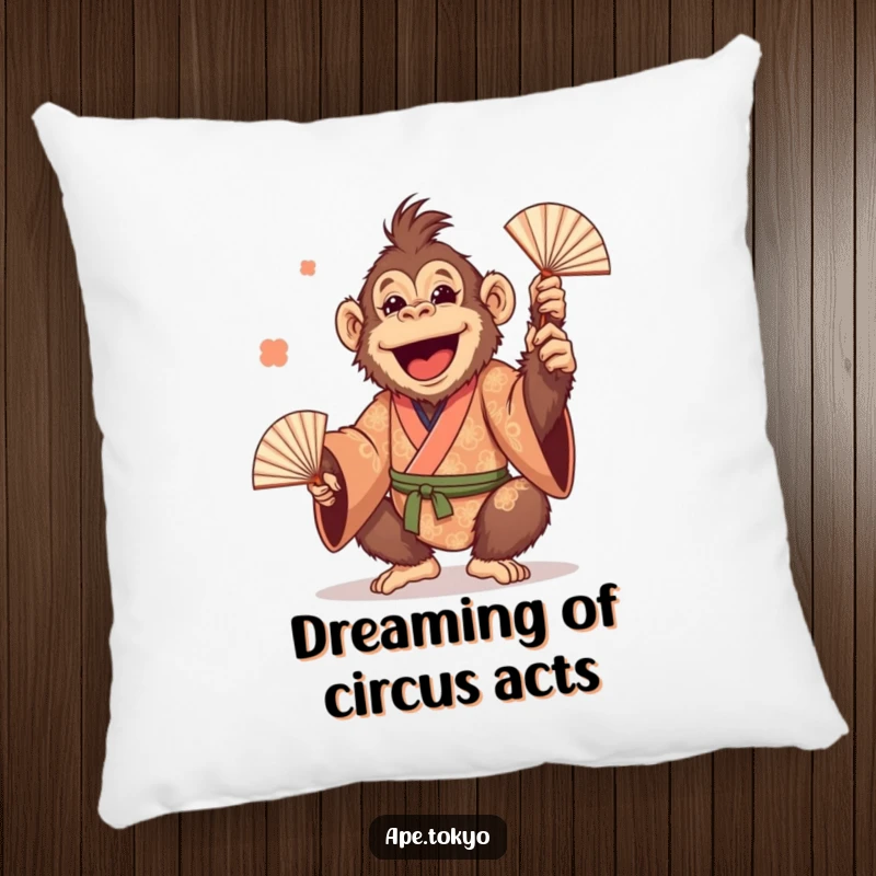 Funny Orangutan Juggling Fans Pillow: Cheerful primate in a patterned kimono, playfully juggling fans, offering hilarious comfort and charm.