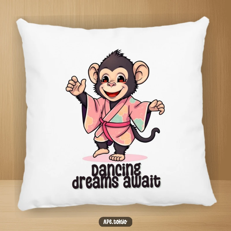 Funny ape in a vibrant kimono dancing gently, offering cozy comfort and joyful humor, a wonderful funny gift.
