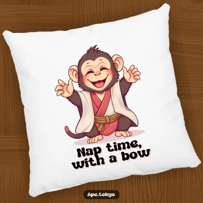 Funny, joyful ape in a silk kimono bowing playfully, offering cozy comfort and cheerful humor, a wonderful funny gift.