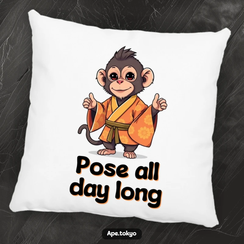 Funny Macaque Kimono Stance Pillow: Playful macaque in an ornate kimono, striking a stylish, confident stance, offering humorous comfort and elegance.