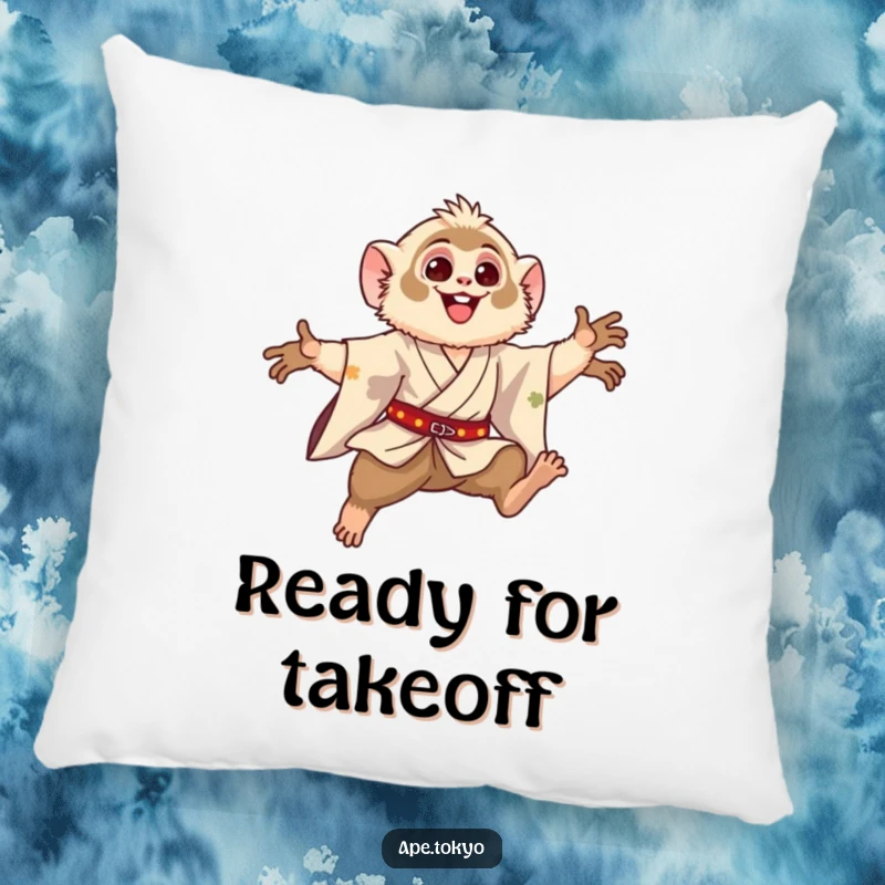 Funny Gibbon Leaping Motion Pillow: Happy gibbon in a silk kimono, performing a graceful leaping motion, offering hilarious comfort and style.