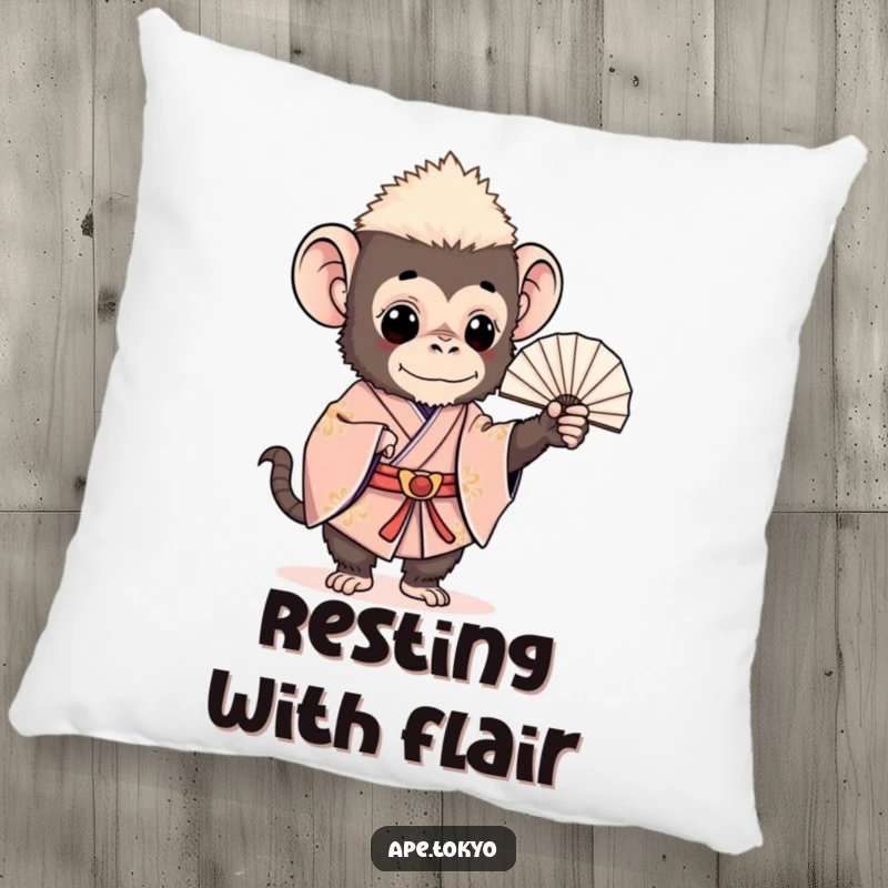 Funny ape in a detailed ceremonial kimono holding a delicate fan, offering cozy comfort and charming humor, a wonderful funny gift.
