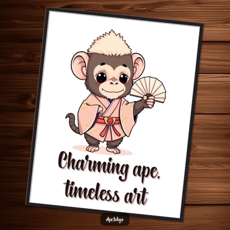 Funny ape in a ceremonial kimono holding a fan, offering charming elegance and humor in a digital art print, perfect funny gift.