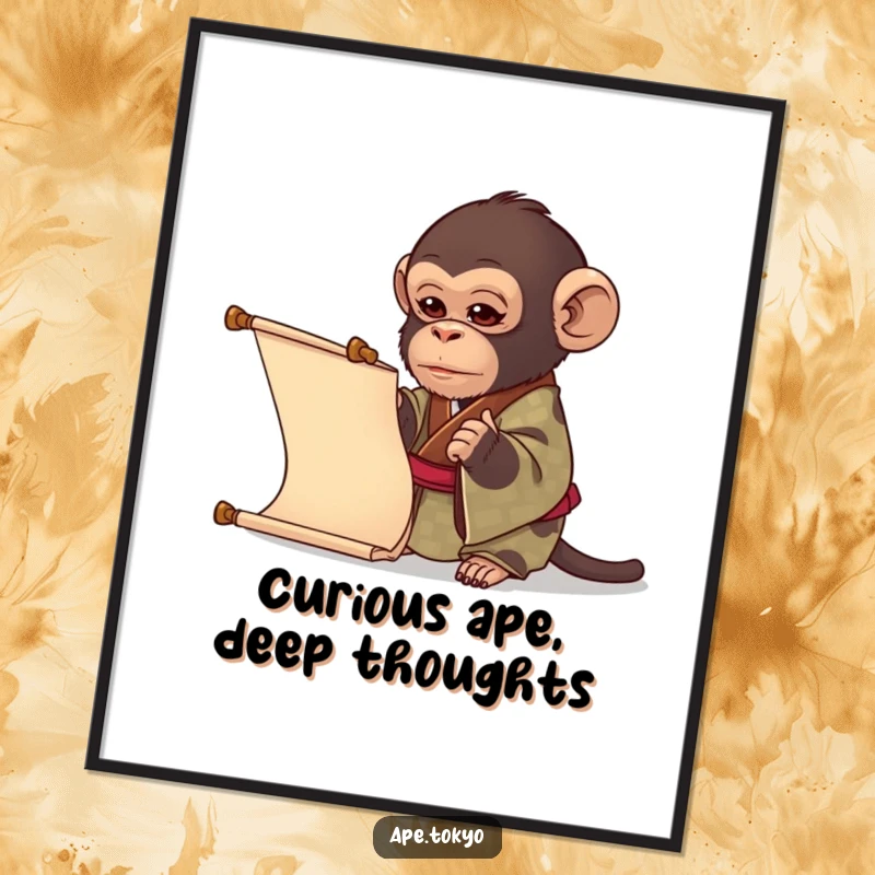 Funny ape in a patterned kimono examining a scroll, offering intellectual humor in a digital art print, perfect funny gift.
