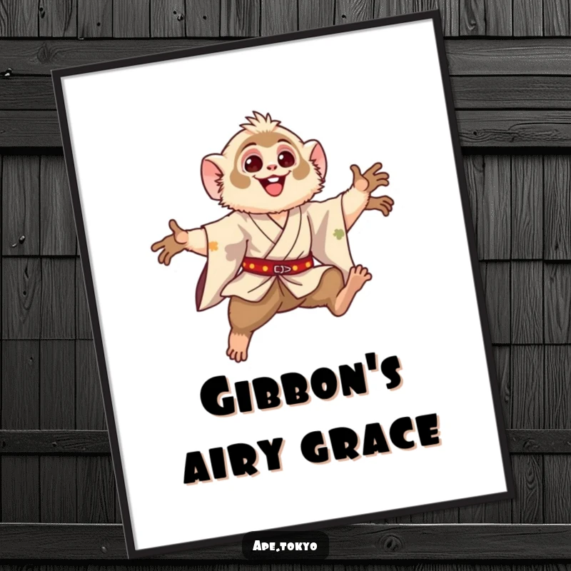 Funny Gibbon Leaping Motion Digital Art: Happy gibbon in a silk kimono, performing a graceful leaping motion, ready for instant humorous display.